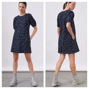 Velvet by Graham & Spenser Blue Leopard Puff Sleeve Shift Dress Size S Coquette